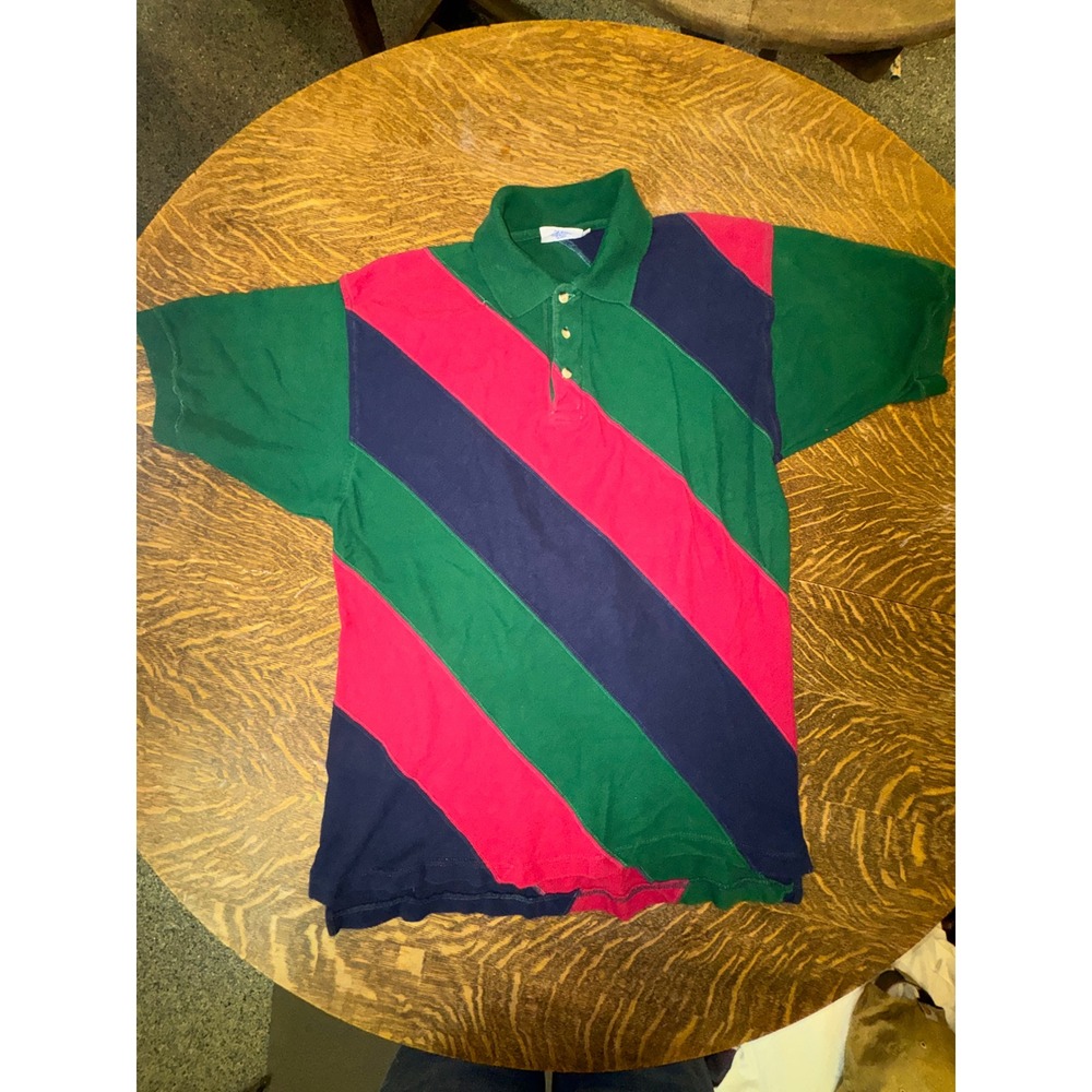 Vintage 90s Reebok Diagonal Stripe Color Block Polo Shirt Green Navy Red XXL